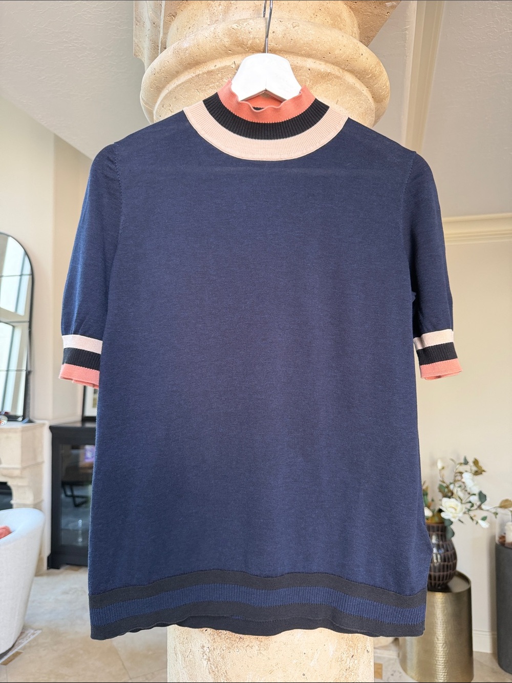 COS Navy Short Sleeve Knit Top with Pink and Black Trim Size S